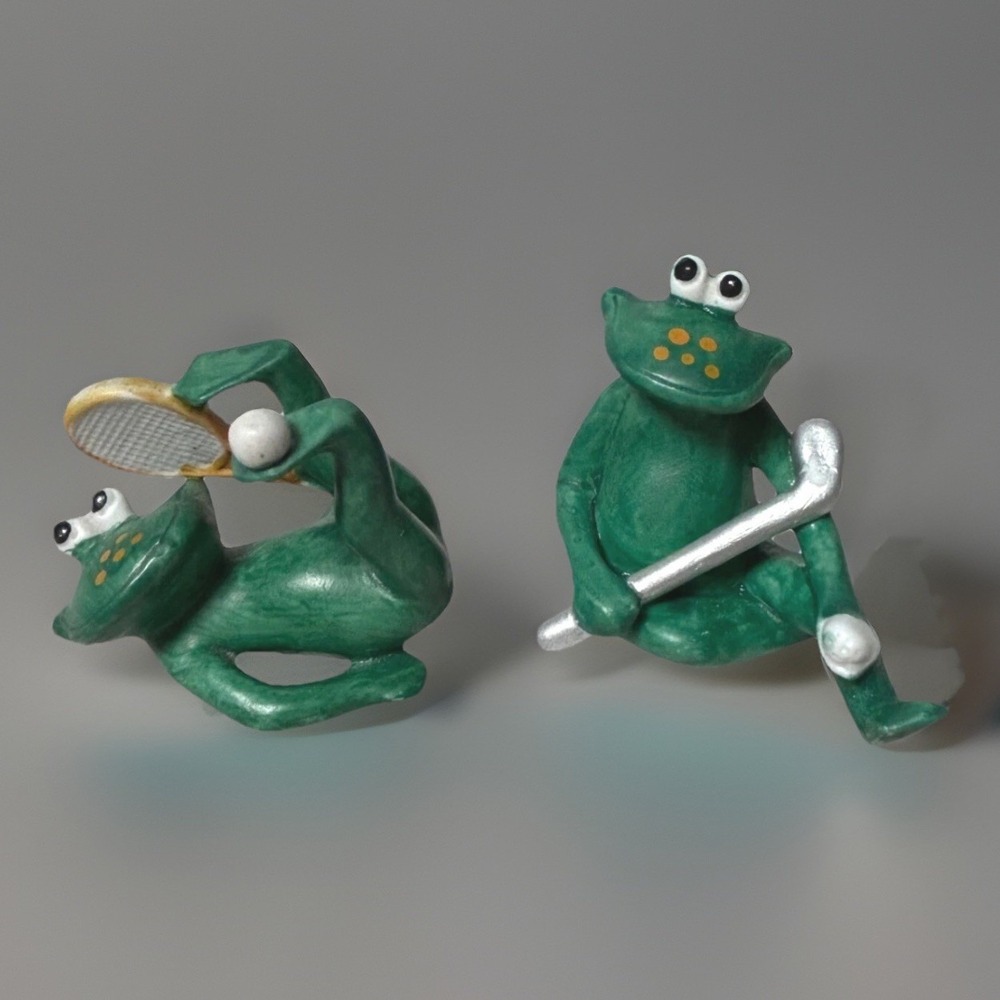 Frog Figurines Golf Tennis Sports JSNY Taiwan Ceramic Miniature Green Set of 2